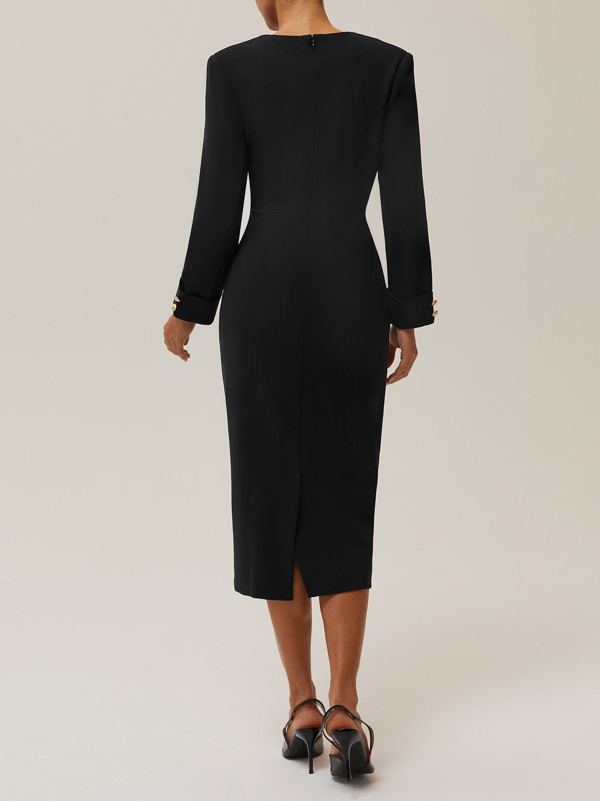 Black Buckle V Neck Long Sleeve Sheath Midi Blazer Dress
