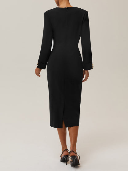 Black Buckle V Neck Long Sleeve Sheath Midi Blazer Dress