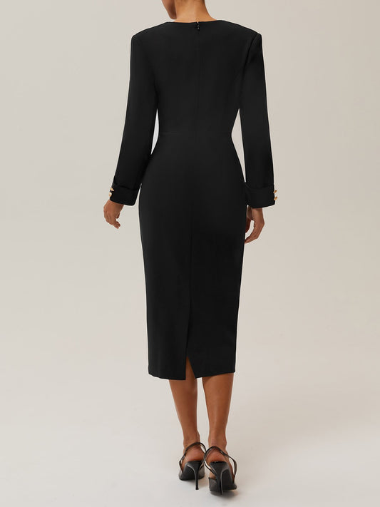 Black Buckle V Neck Long Sleeve Sheath Midi Blazer Dress