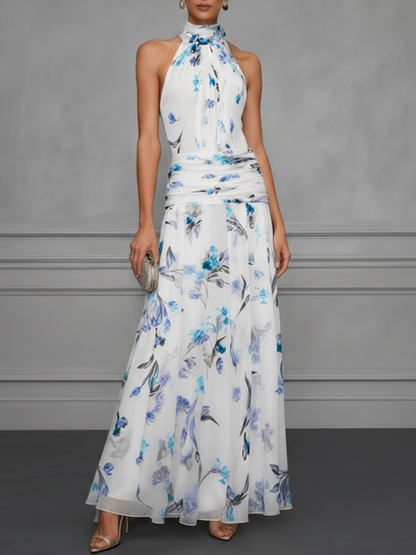 White Ruched Floral Chiffon Halter Neck Sleeveless A-Line Floor-length Gown Dress