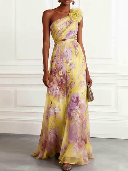Light Purple 3D Floral Chiffon One Shoulder Sleeveless A-Line Floor-length Gown Dress