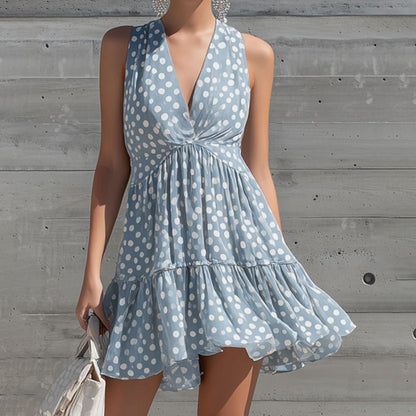 Light Blue Polka Dot Chiffon Sleeveless Mini Dress With V-Neck And Tiered Ruffle Hem