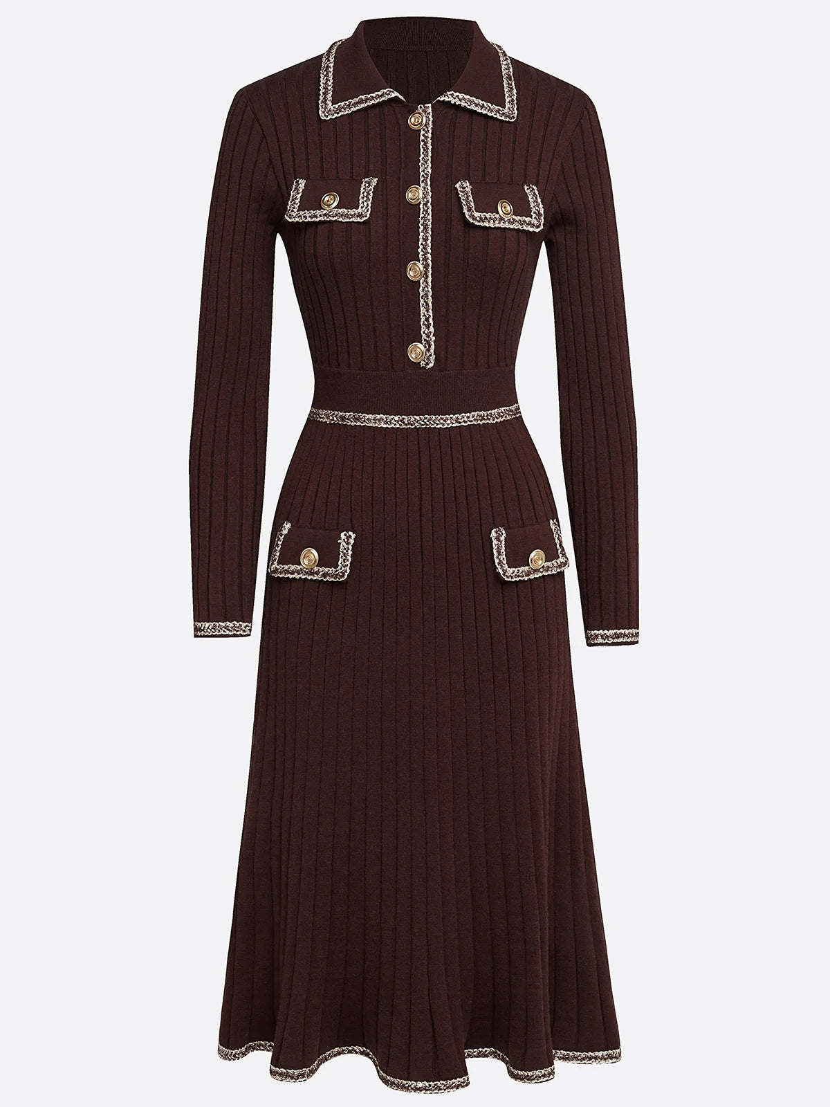 Red Brown Piping Buckle Sweater Lapel Collar Long Sleeve A-Line Midi Dress