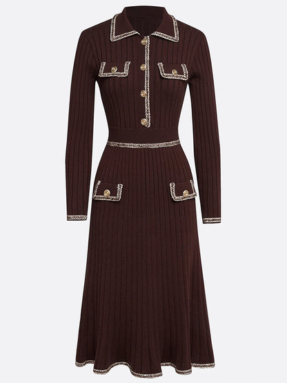 Red Brown Piping Buckle Sweater Lapel Collar Long Sleeve A-Line Midi Dress