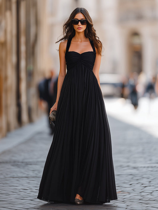 Ruched Bodice Halter Neck Maxi Dress With Flowing A-Line Silhouette