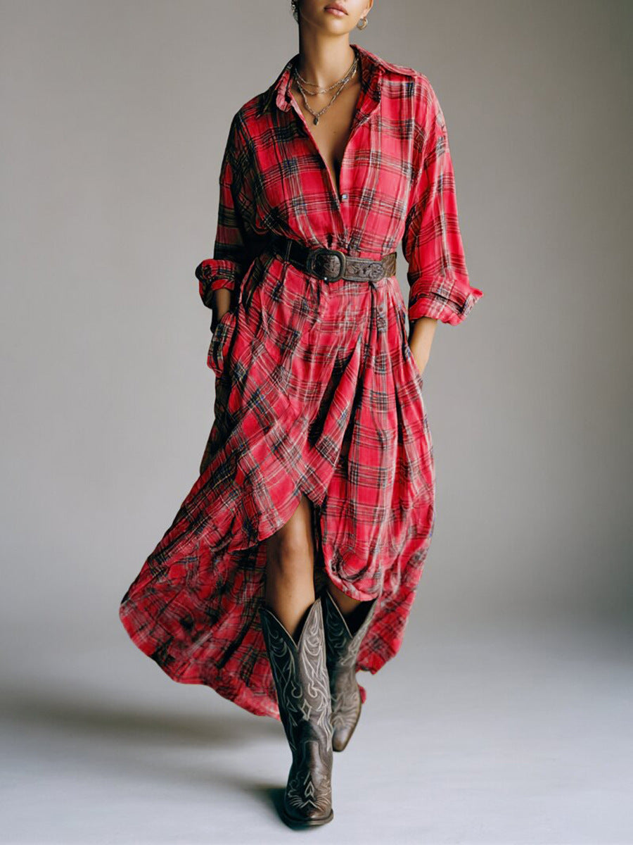 Women's Plaid Short Front And Long Back Shirt Maxi Dress(Belt Not Included)