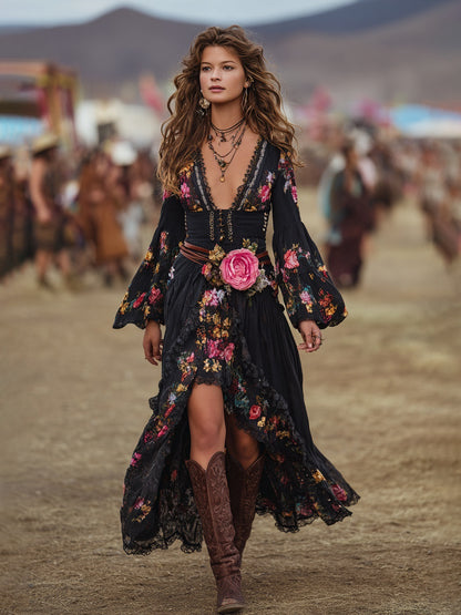 Floral Embroidered Cotton Maxi Dress With Lace Trim And High Slit