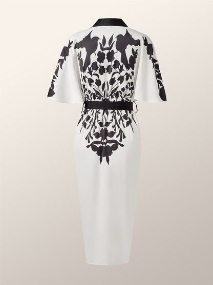 Elegant Floral Printing V Neck Midi Dress With Belt