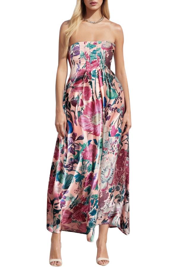 Multi-Color Floral Print Strapless/Spaghetti Strap Draped Maxi Dress