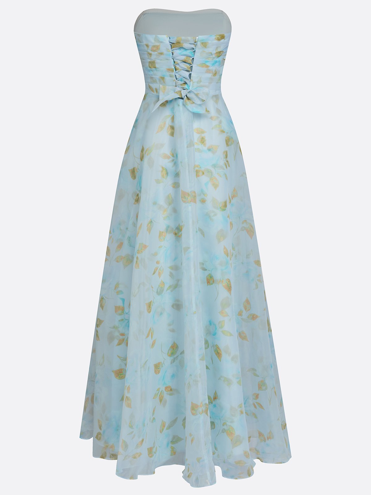 Light Blue Floral 3D Floral Tulle Strapless Sleeveless A-Line Floor-length Gown Dress