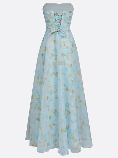 Light Blue Floral 3D Floral Tulle Strapless Sleeveless A-Line Floor-length Gown Dress