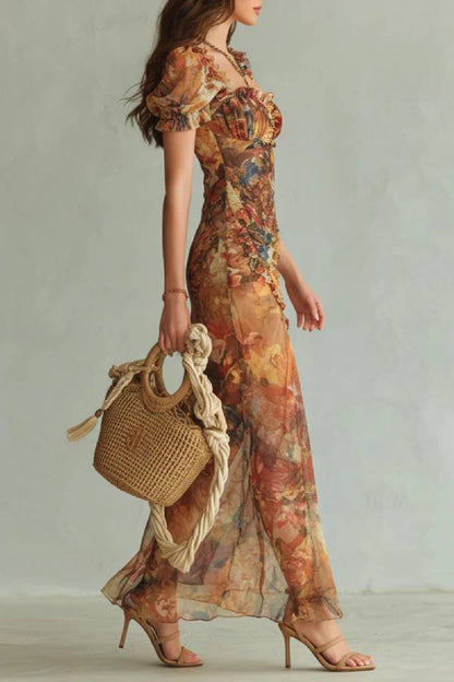 Orange Bohemian Holiday Oil Painting Print Chiffon Maxi Dress