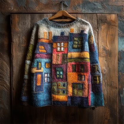 Colorful Street Building Inspired Colorblock Cozy Knit Sweater