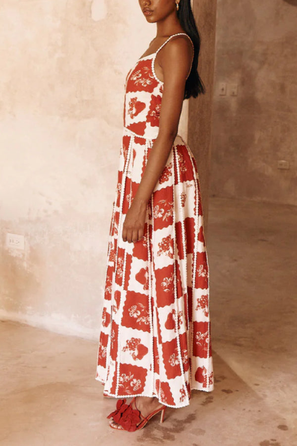 Linen Blend Unique Print One Shoulder Flared Maxi Dress