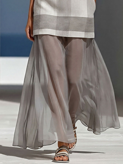 Women’s Grey Plaid Sleeveless Tunic Top & Sheer Chiffon Maxi Skirt Two-Piece Set MDZ2824D9T