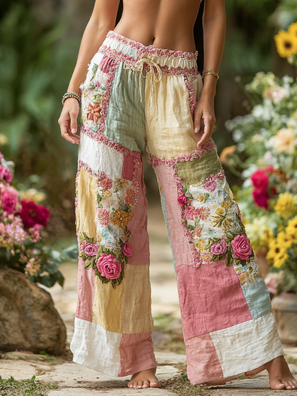 Women's Patchwork Rose Floral Contrast Waist Elastic Pocket Pants f4f7