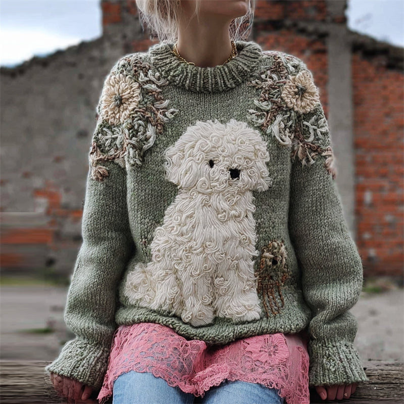 Vintage Lovely Fuzzy Dog Floral Beaded Cozy Knit Sweater