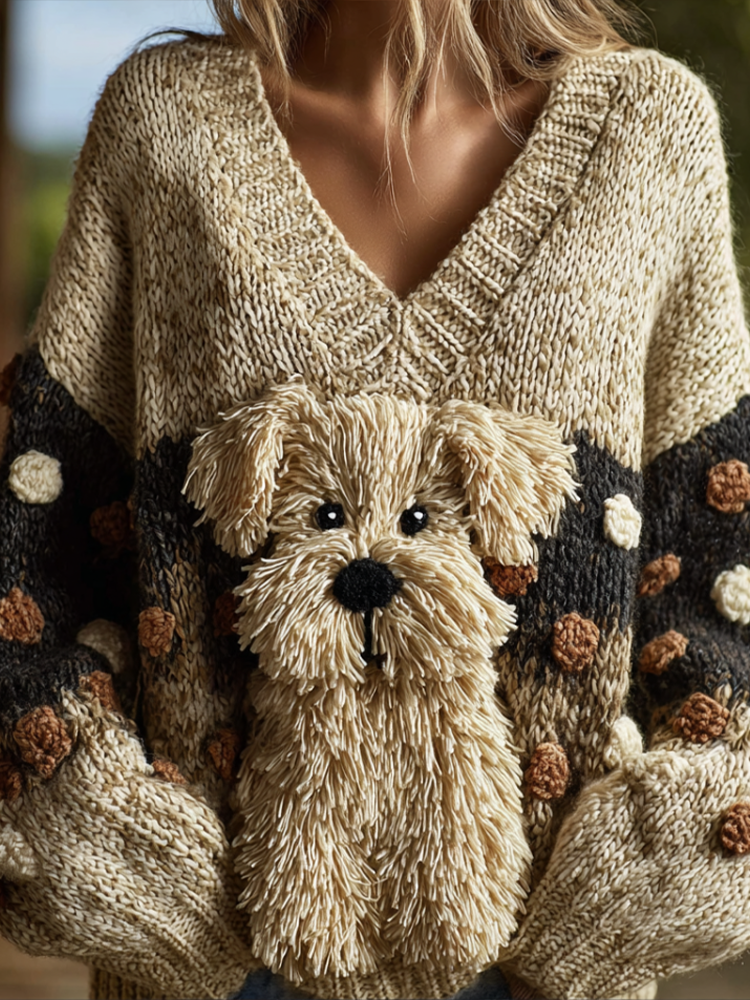 Lady Retro Cute Dog Plush Comfortable Knitted Sweater.