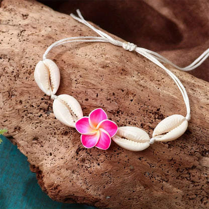 Bohemian Pink Floral & Shell Charms Adjustable Bracelet