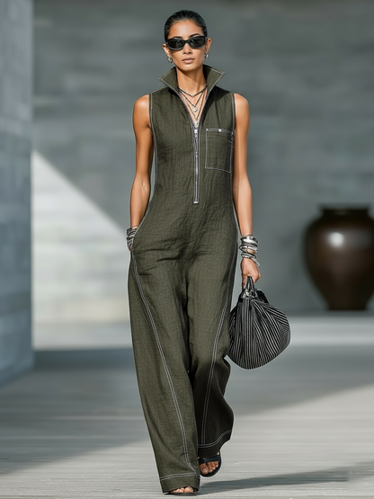 Women's Minimalist Loose-fitting White Trim Sleeveless Jumpsuit MDA3086L9Y