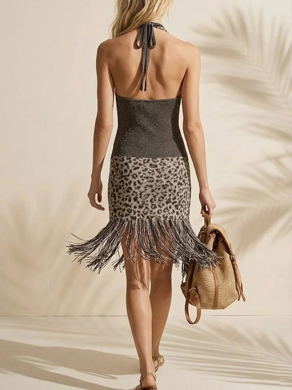 Cotton Blend Leopard Print Fringe Halter Dress With Knit Top And Asymmetrical Hem For Women