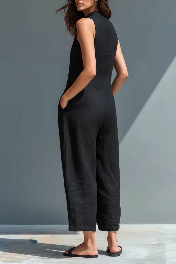 Black Minimalist Faux Linen Button-down Collar Sleeveless Loose-fitting Jumpsuit