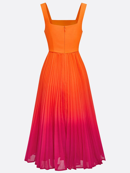 Orange Ombre Pleated Classic Square Neck Sleeveless A-Line Midi Dress