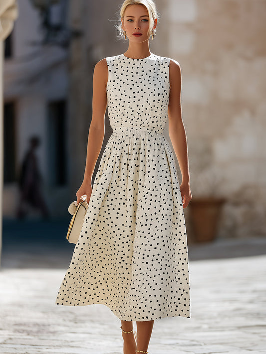 Timeless Sleeveless Polka Dot Midi Dress With Gathered Waist