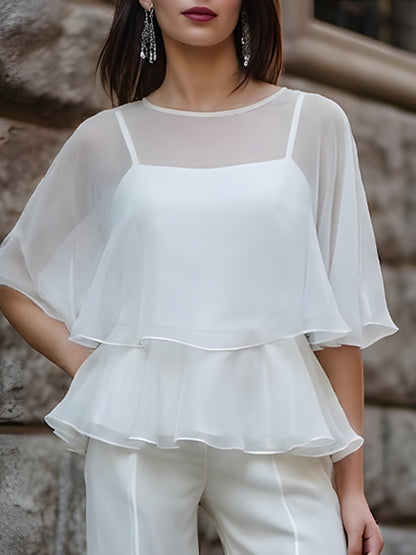 Sheer Layered Peplum Blouse & Wide-Leg Tailored Pants Set