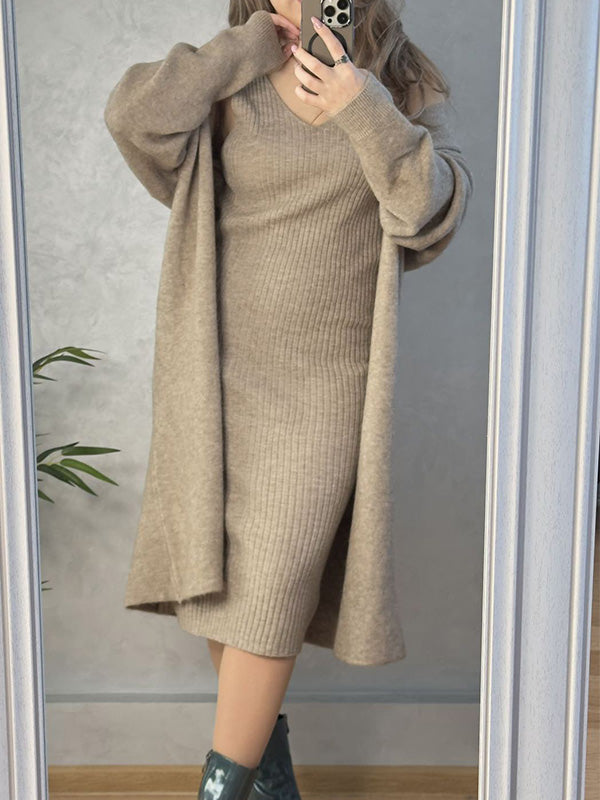 V-Neck Pullover Dress & Sweater Cardigan Set