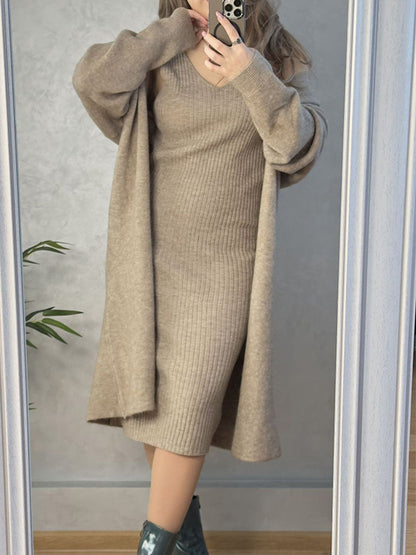 V-Neck Pullover Dress & Sweater Cardigan Set