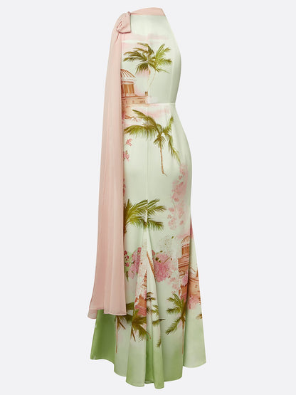 Green Floral Satin Halter Neck Sleeveless A-Line Gown Dress