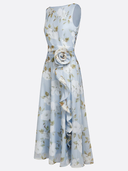 Light Blue 3D Floral Chiffon Boat Neck Sleeveless A-Line Midi Dress
