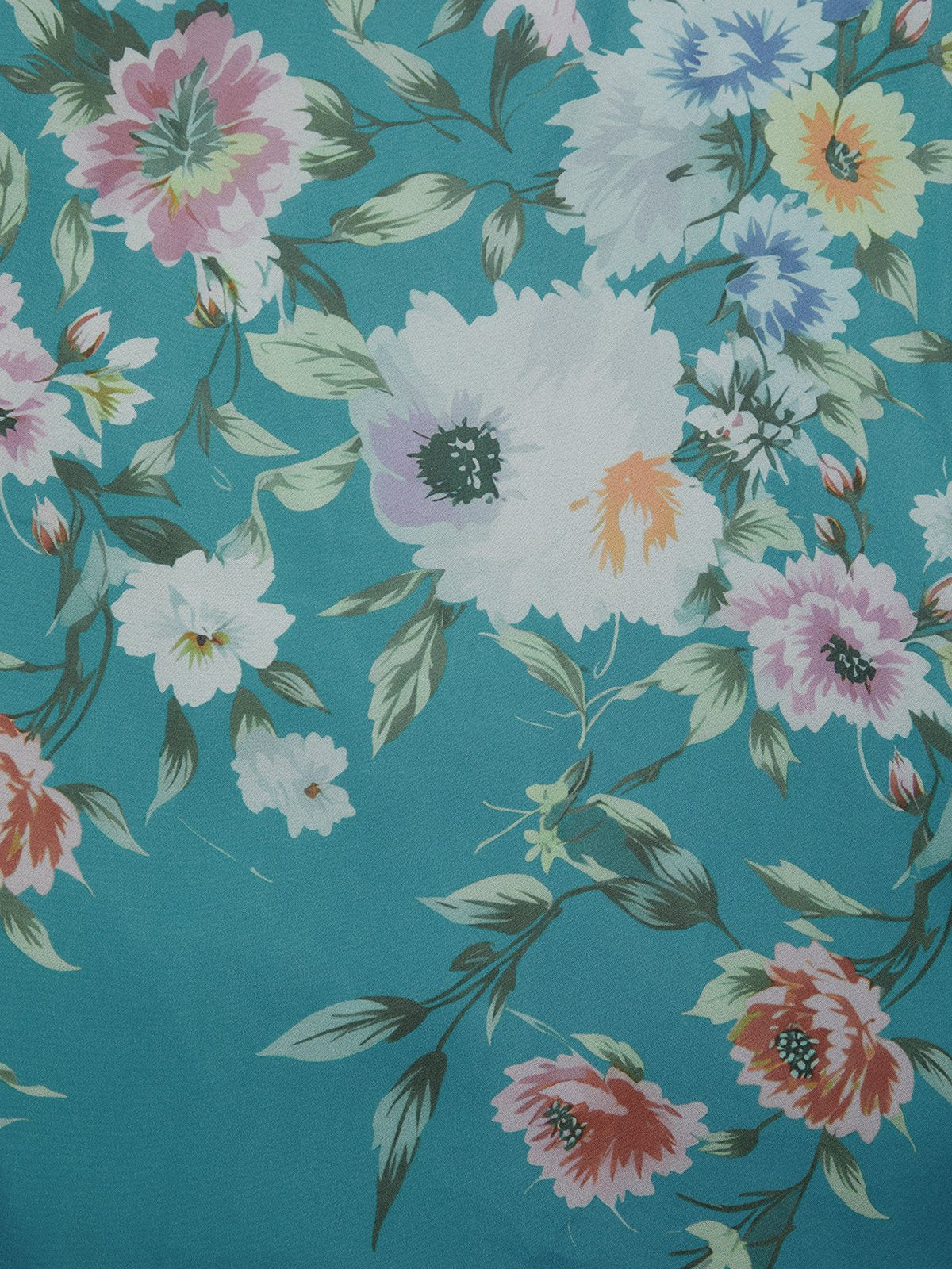 Cyan Floral Ruched Tulle One Shoulder Sleeveless A-Line Midi Dress