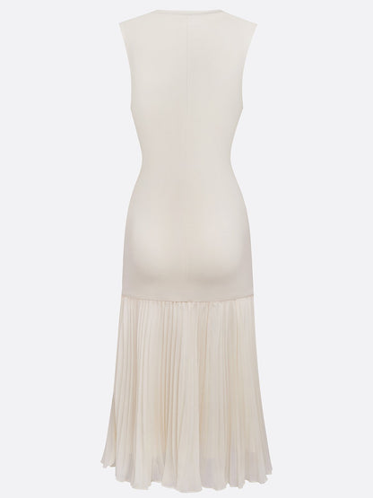 Beige Pleated Knit Crew Neck Sleeveless A-Line Midi Jersey Dress