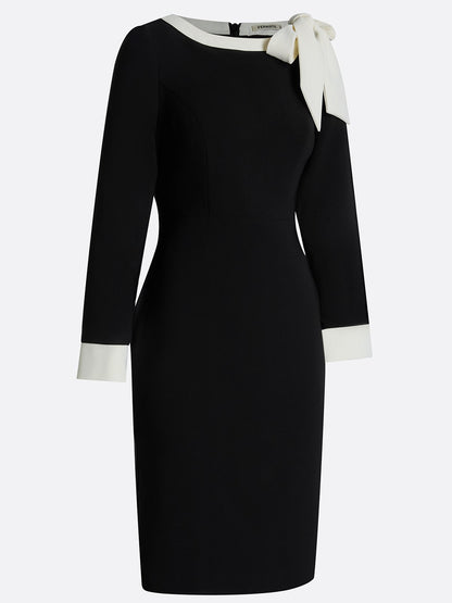 Black Bow Color Block Long Sleeve Sheath Midi Dress