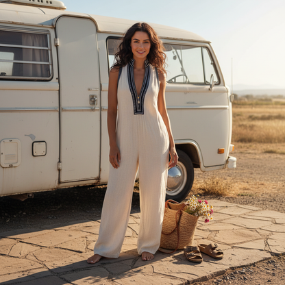 Linen Sleeveless Jumpsuit With Embroidered V-Neck And Wide Leg Design For Women