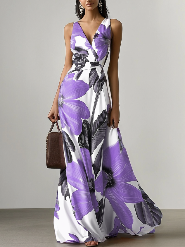 Orange Floral Satin V Neck Sleeveless A-Line Maxi Dress With Pockets