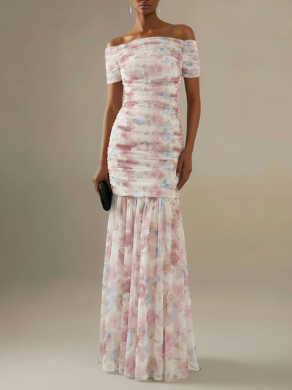 Blue Floral Gathered Tulle Off The Shoulder Short Sleeve Mermaid Floor-length Gown Dress