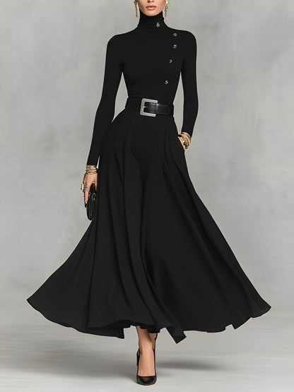 Women's Black Knit Elegant High Neck Button Detail Maxi Dress MDA1183K0I