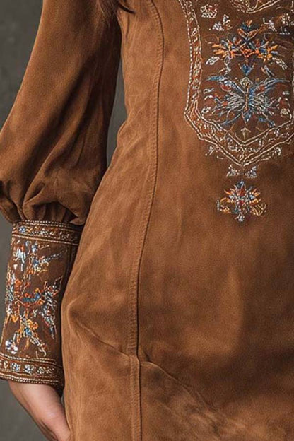Vintage brown V-neck suede embroidered mini dress