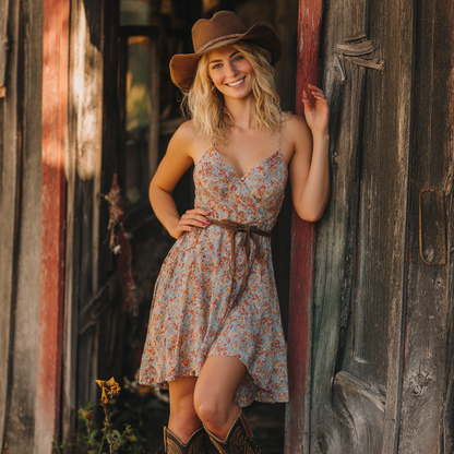 Blend Floral Print Wrap Dress With Adjustable Belt And Spaghetti Straps For Women