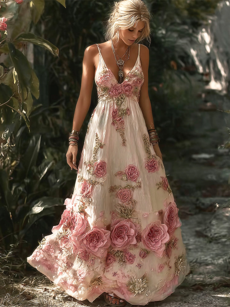 Resort Style Boho Floral Embroidery Women's Linen Spaghetti Strap Maxi Dress