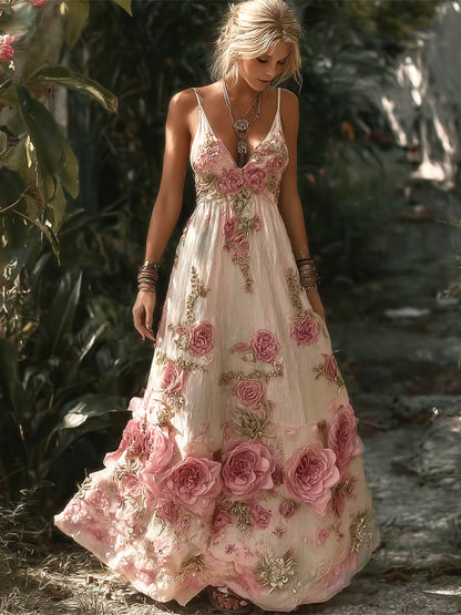 Resort Style Boho Floral Embroidery Women's Linen Spaghetti Strap Maxi Dress