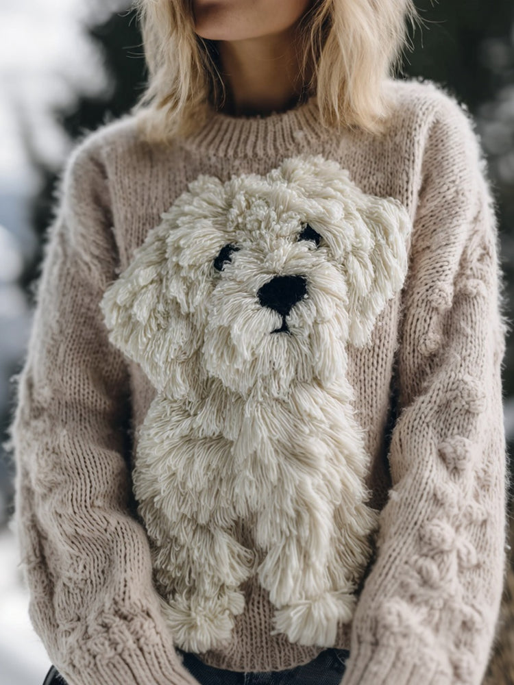 Cute Fuzzy Dog Embroidered Cozy Knit Sweater