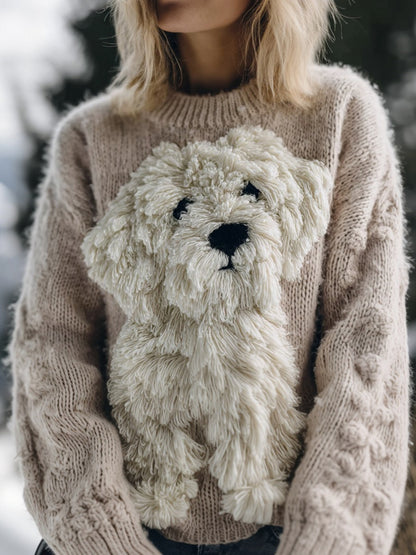 Cute Fuzzy Dog Embroidered Cozy Knit Sweater