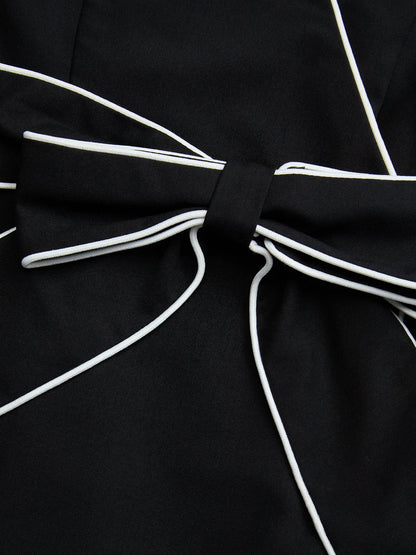 Black Piping Bow Classic V Neck Long Sleeve Sheath Midi Dress