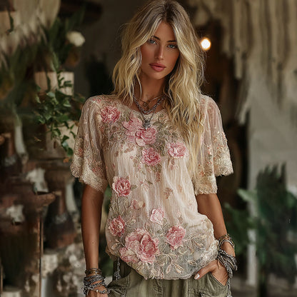 Women's Vintage Floral Art Linen Crew Neck Comfy Short Sleeve T-shirt