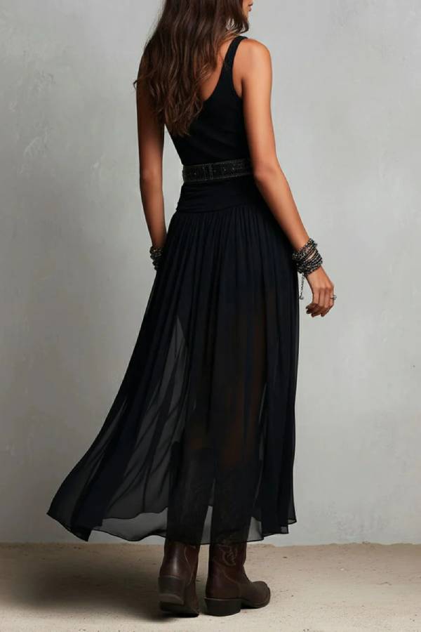 Black Sleeveless Tank Top With Tulle Skirt Maxi Dress