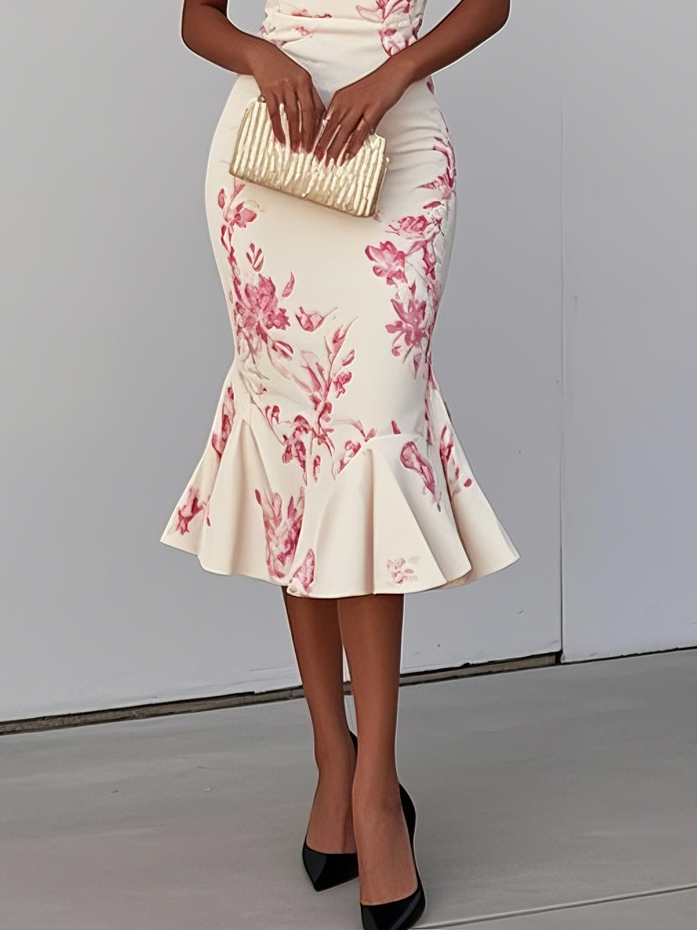 White Pink Floral V Neck Sleeveless Mermaid Midi Dress